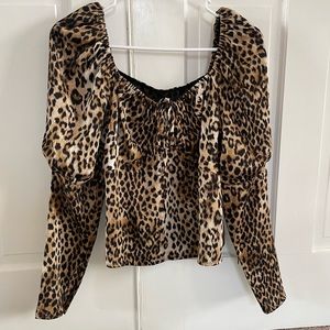 Express Leopard Print Puff Sleeve Top Size S